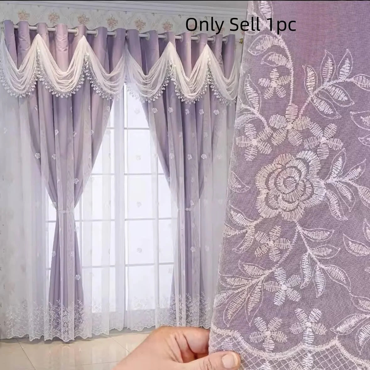 A close-up of a lavender French style dual layer embroidered window curtain with sheer fabric and lace detailing.