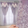 A close-up of a lavender French style dual layer embroidered window curtain with sheer fabric and lace detailing.