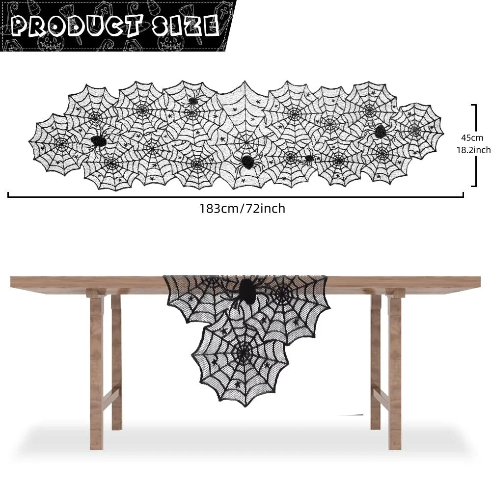 Black lace spider web table runner displayed on a wooden table.