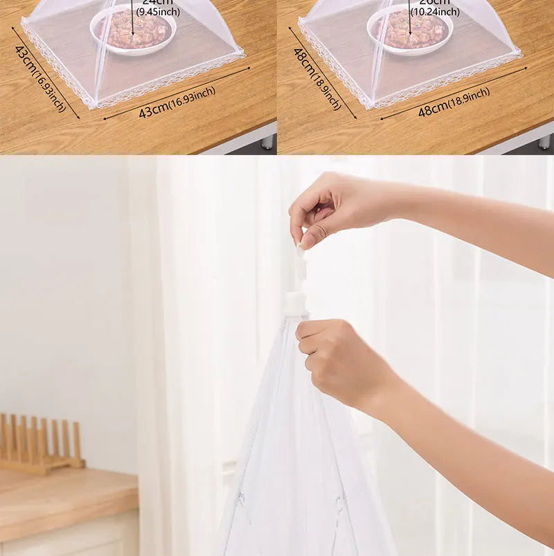 A hand is shown folding a white mesh insect and fly protection cover.