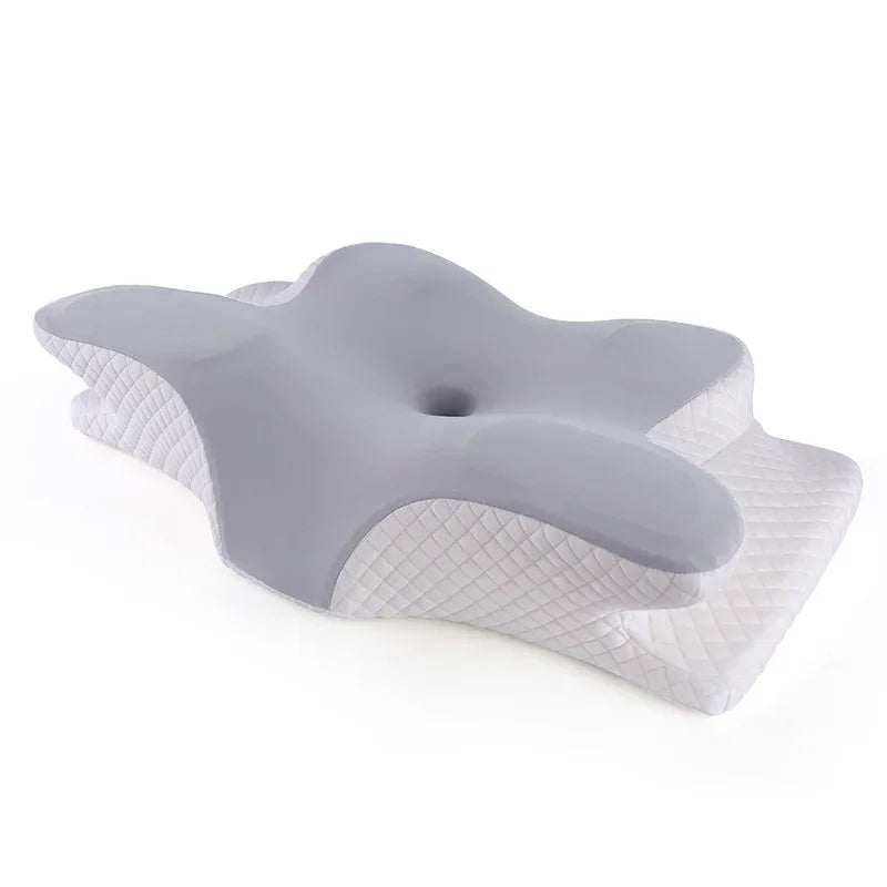 A gray memory foam contour neck pillow with a quilted white cover.