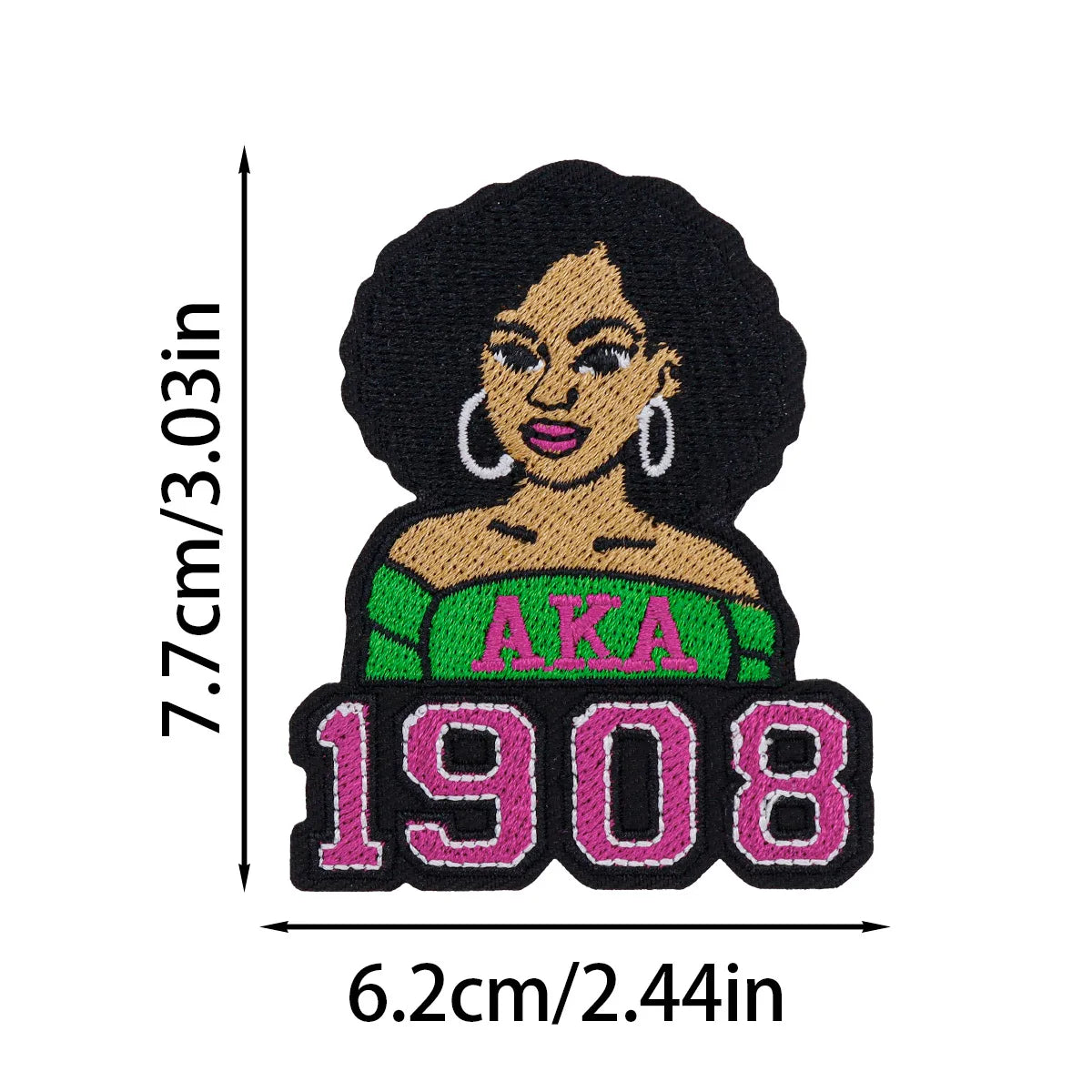 Black embroidered patch featuring a cartoon woman with curly hair and pink accents.