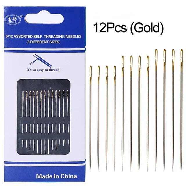 A package of 12 assorted gold self-threading sewing needles made in China.
