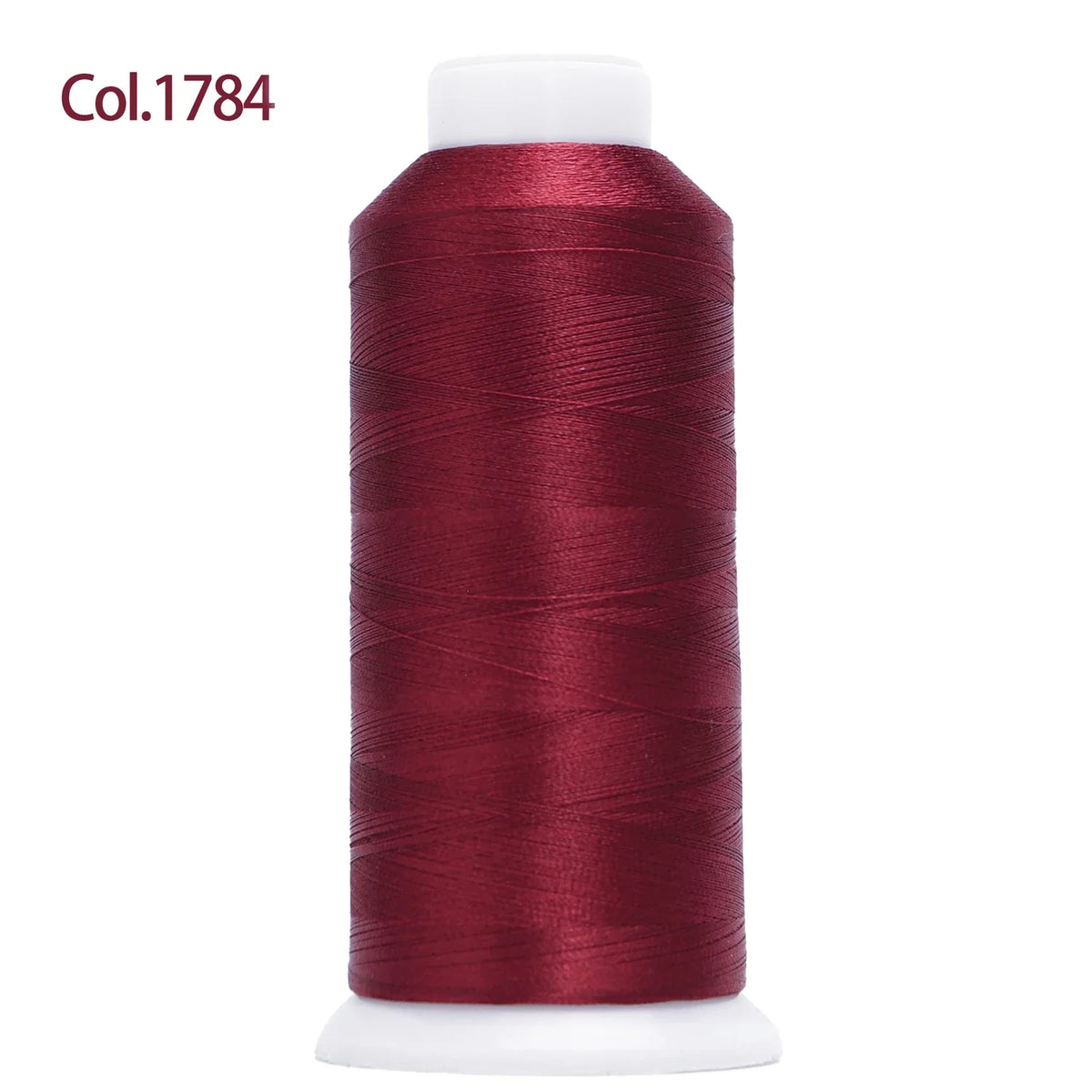 A spool of deep burgundy embroidery thread labeled Col.1784 with a white core.