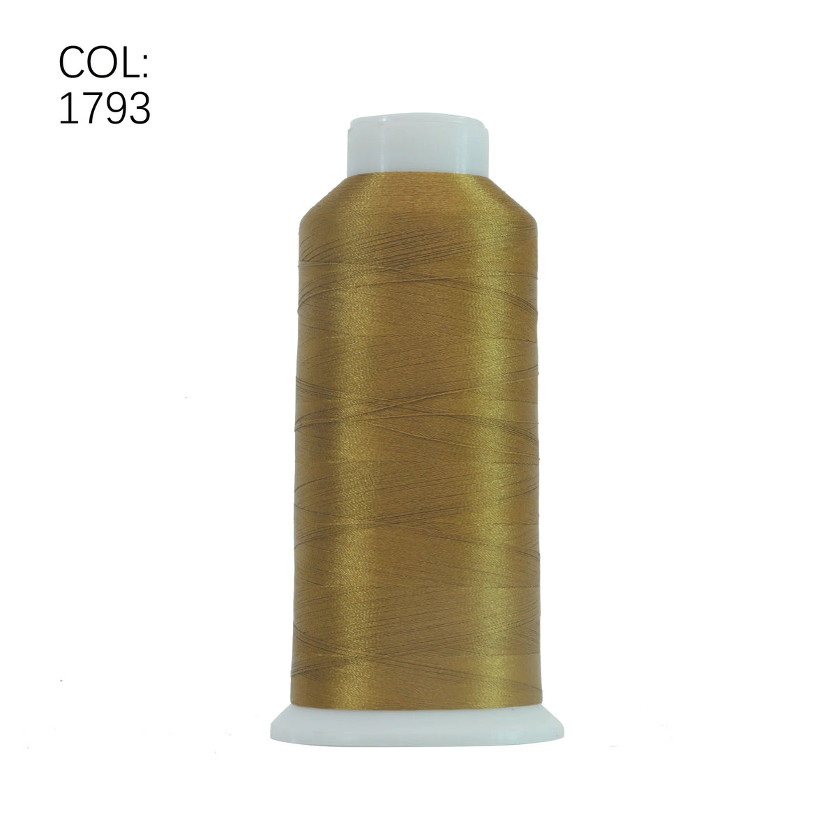 A spool of gold embroidery thread with a white plastic core and white base.