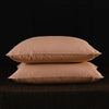 Two light beige natural goose down and feather sleeping pillows resting on a dark surface.