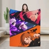 A flannel throw blanket featuring artwork of Jujutsu Kaisen character Gojo Satoru.