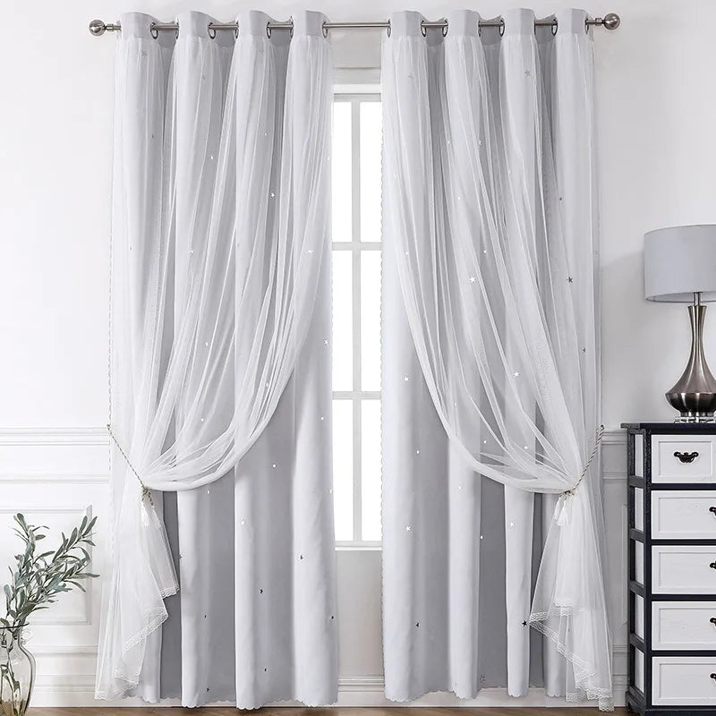 White sheer double-layer decorative curtains hanging in a window frame
