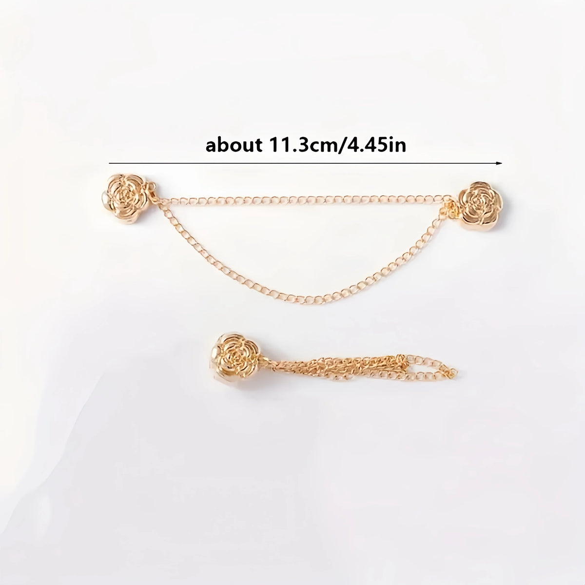 Gold magnetic chain buckles for clothing shown flat with a measurement guide.