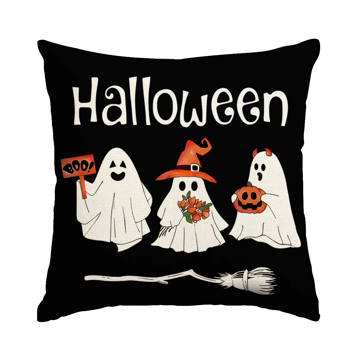 Black pillow with white text Halloween and three ghost designs