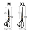 Comparison of M and XL professional high carbon steel tailor's shears showing size differences.
