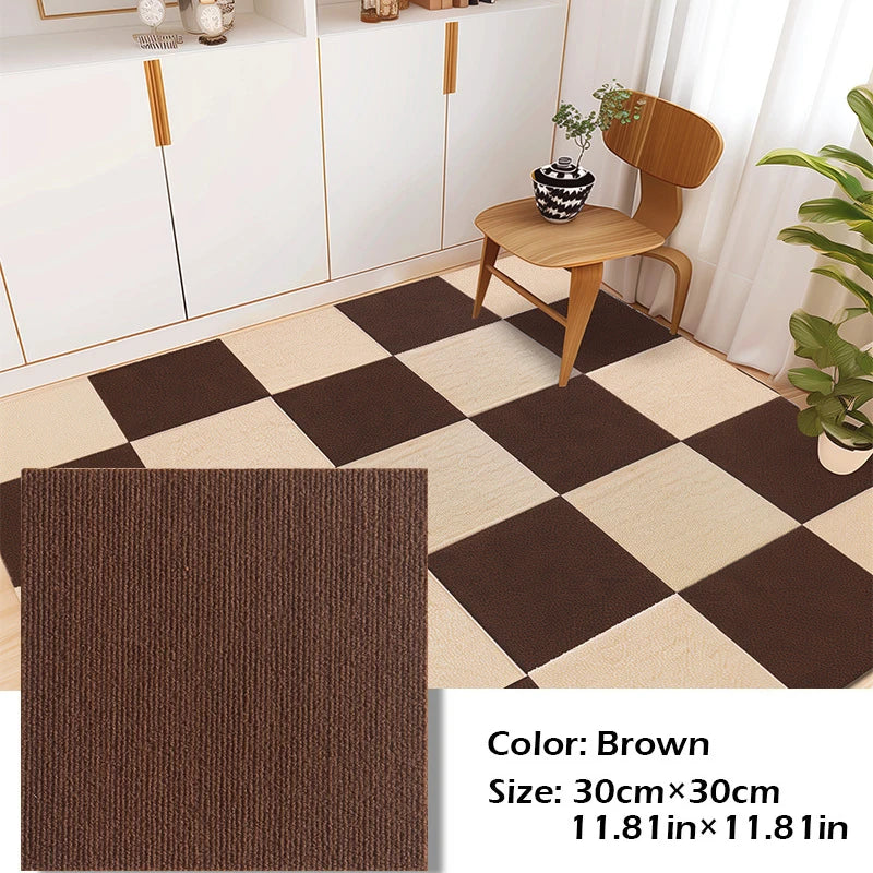 Brown square carpet tiles featuring a checkerboard pattern used for home decor