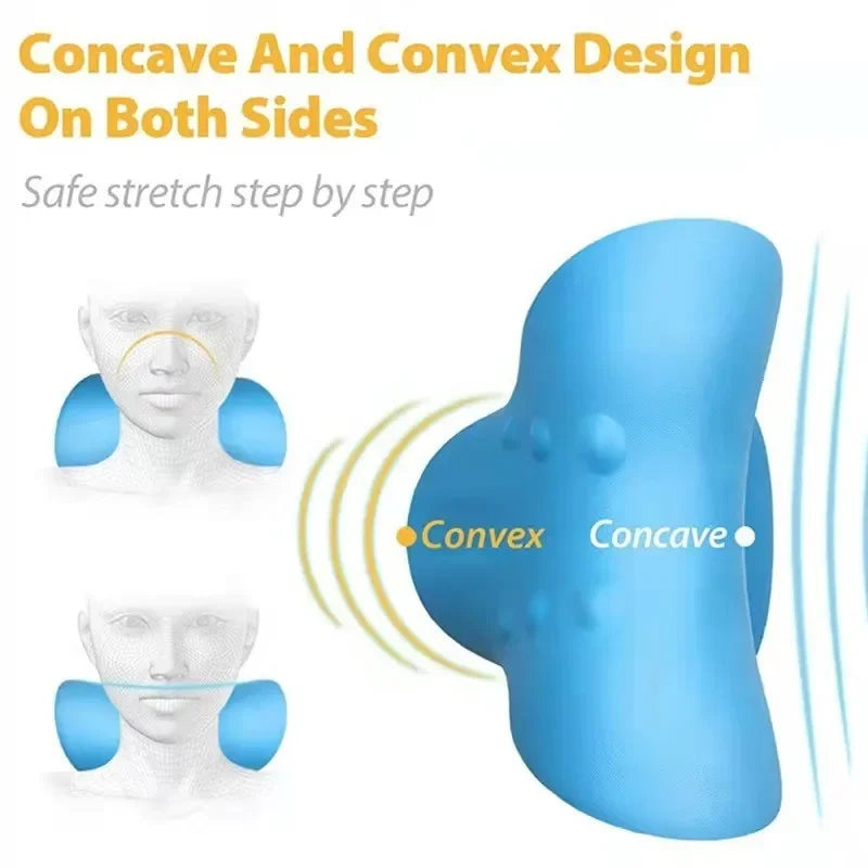 A blue cervical massage pillow demonstrating concave and convex designs for safe stretching on both sides.
