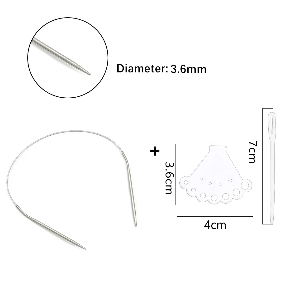 Stainless steel circular knitting needles set showing a needle diameter of 3.6mm and various sizes.