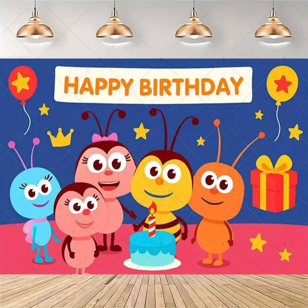 A colorful cartoon illustration of smiling characters and a birthday cake set against a blue background.