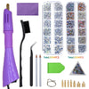 A set of crystal hot fix rhinestones, including an applicator tool, various sizes, and a plastic storage case.