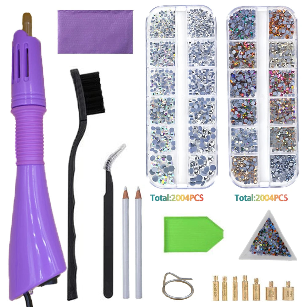 A set of crystal hot fix rhinestones, including an applicator tool, various sizes, and a plastic storage case.