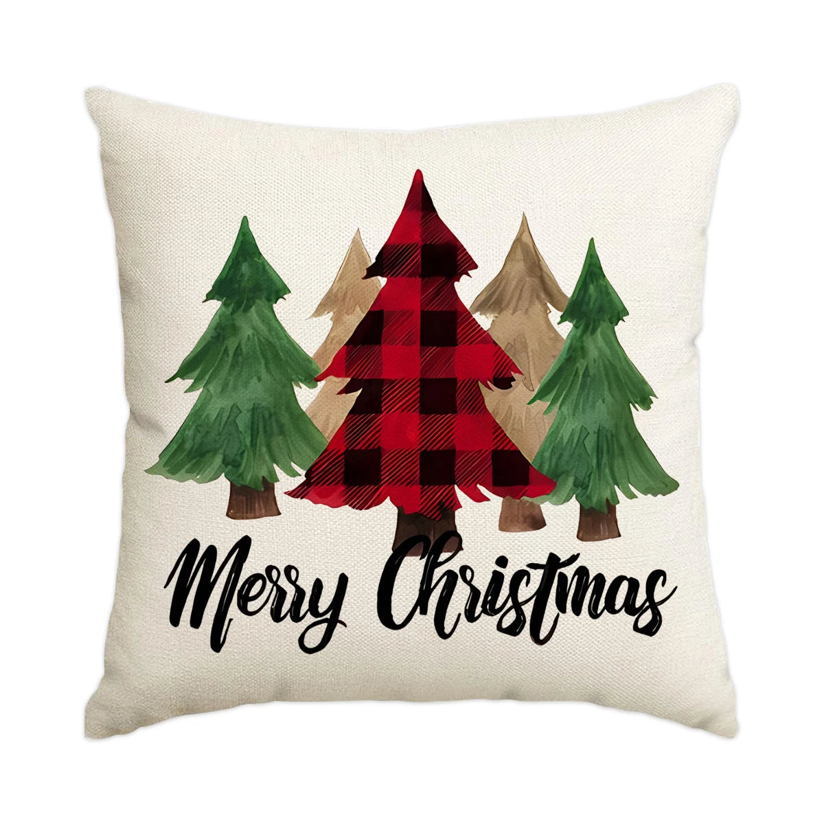A cream-colored pillow featuring a plaid Christmas tree design with evergreen trees.