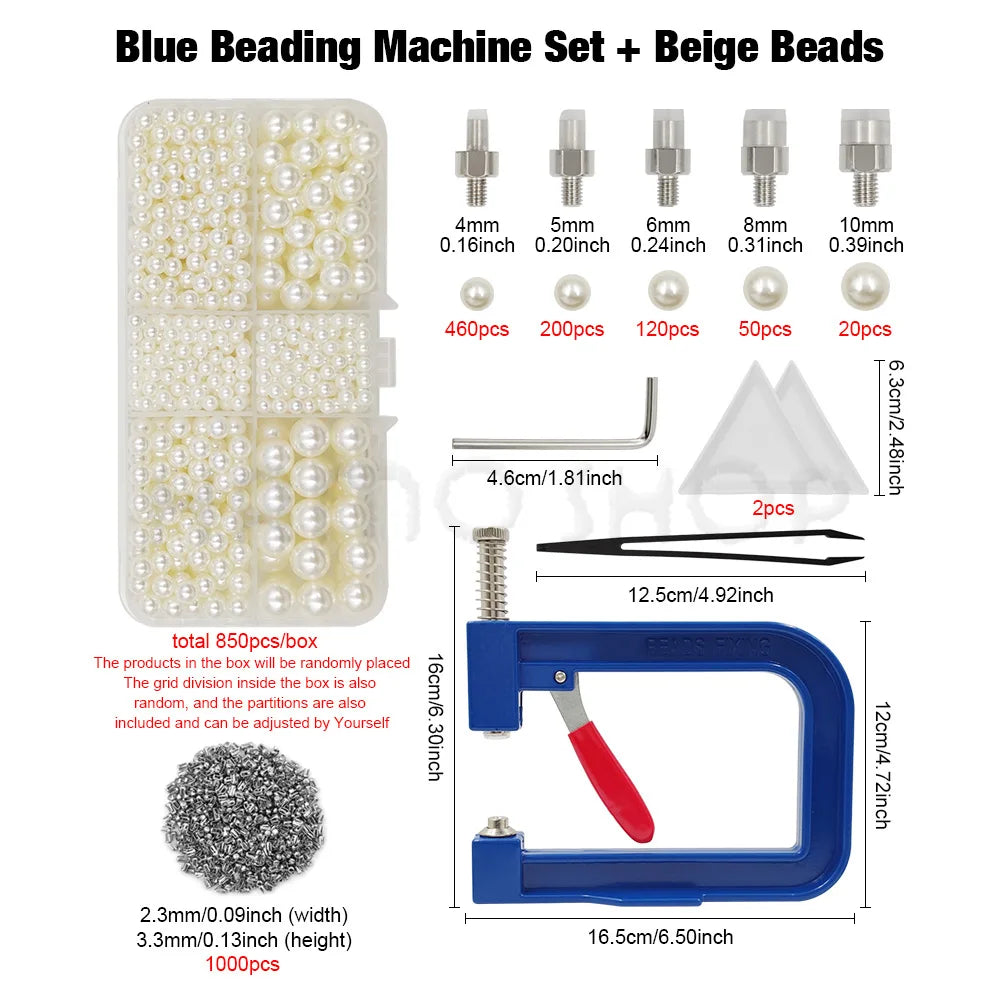 Blue beading machine set with beige beads and various sized beads for crafting