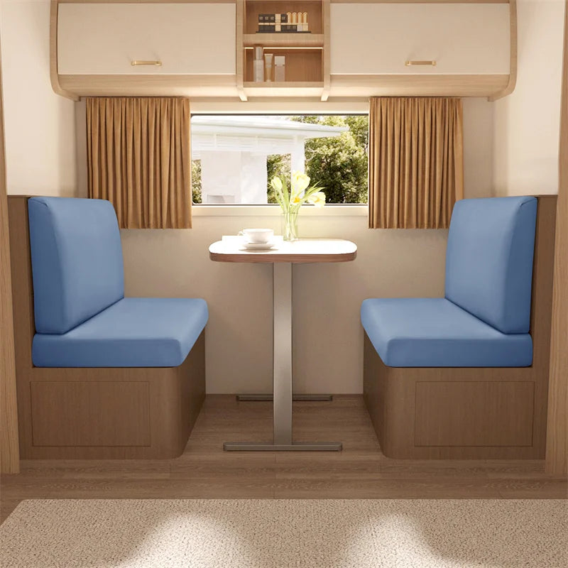 Two blue dinette seat covers are displayed in a modern interior setting.