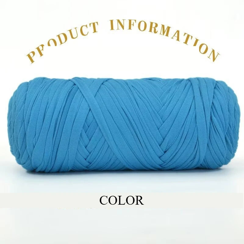 A skein of thick, bright blue polyester blended yarn is shown rolled up for crafting.