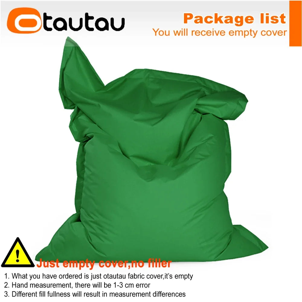 A green outdoor bean bag cover is shown, emphasizing that it is an empty cover with no filler.