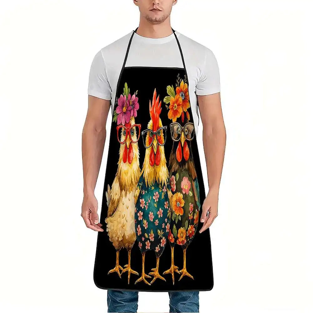 A black apron featuring a floral print of two chickens wearing glasses.