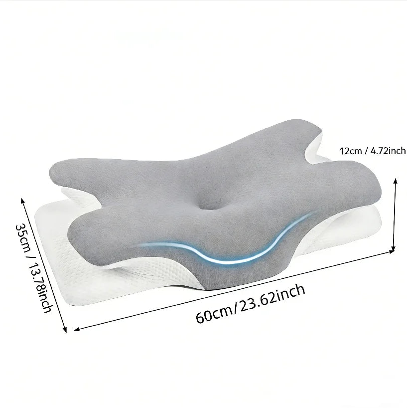 Gray ergonomic memory foam neck pillow with a blue accent line shown flat
