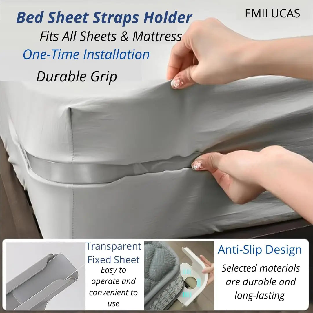 Hands are installing bed sheet straps holder clips onto a mattress cover for one-time installation.