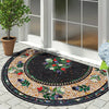 Semi-circular mosaic floor mat with vintage floral print featuring various colors and patterns