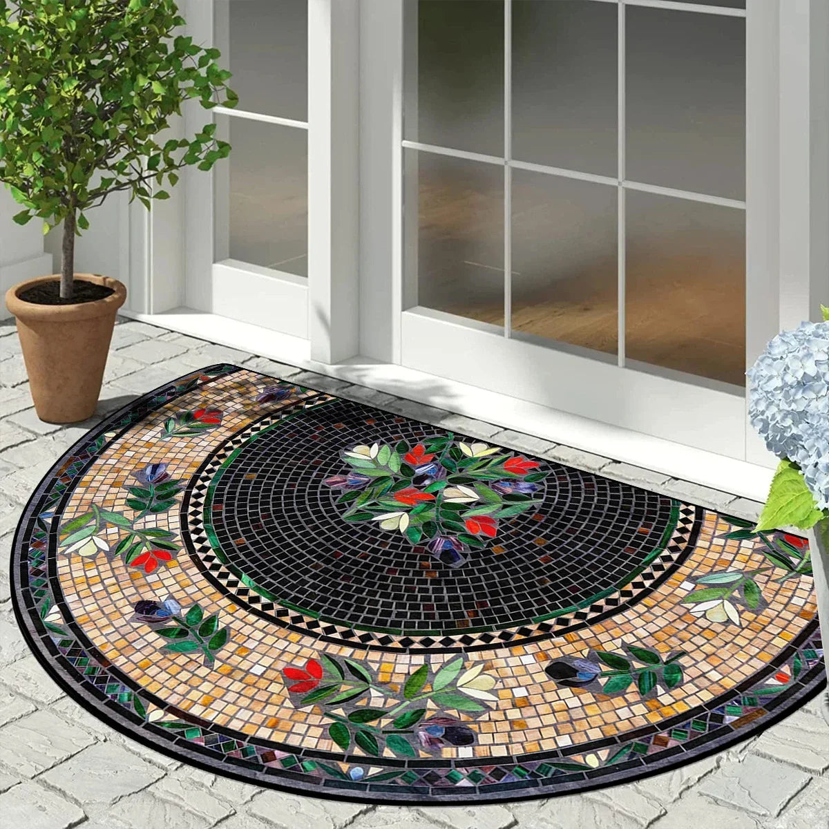 Semi-circular mosaic floor mat with vintage floral print featuring various colors and patterns