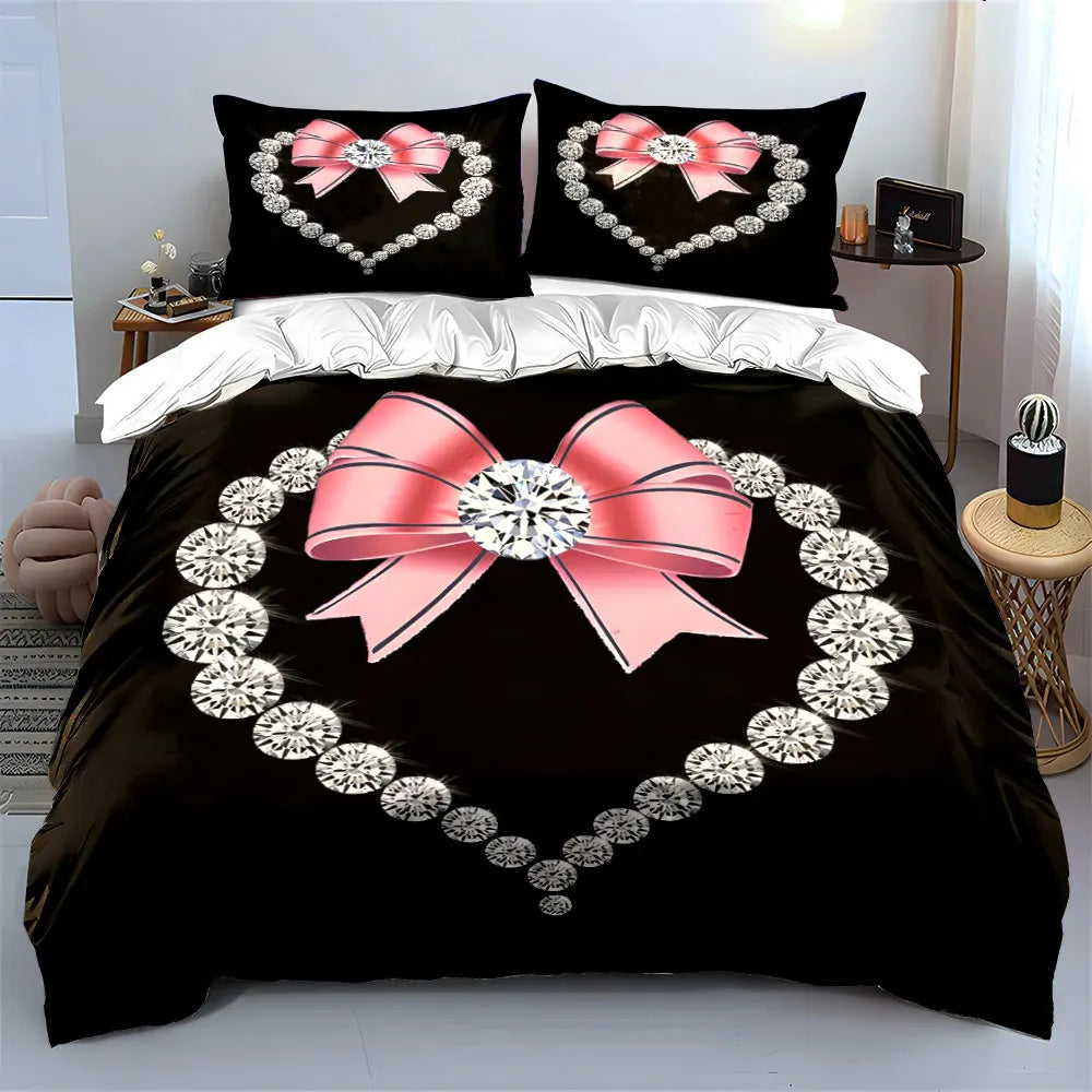 Black bedding set featuring a diamond heart print with pink satin bows and silver diamond accents