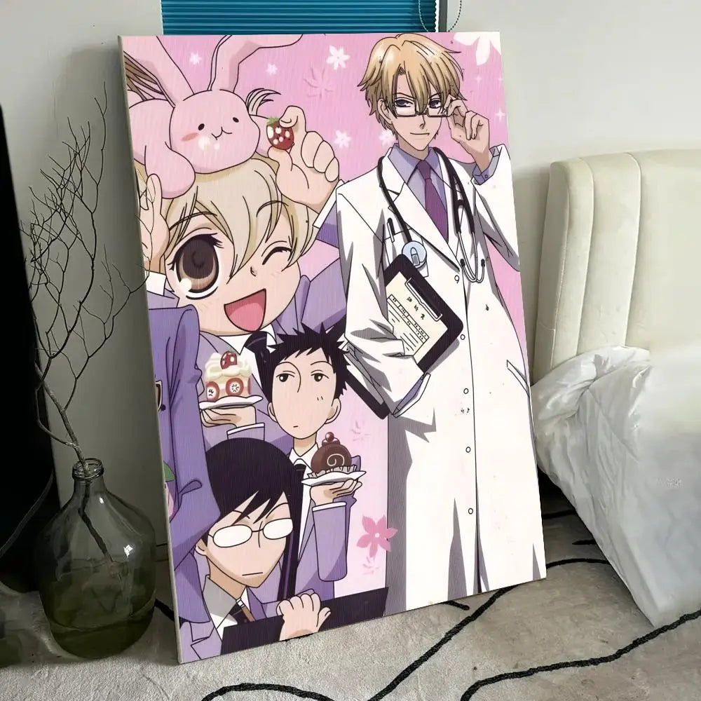 A vertical poster featuring anime characters in a pastel pink and purple color scheme, depicting a doctor and a bunny.