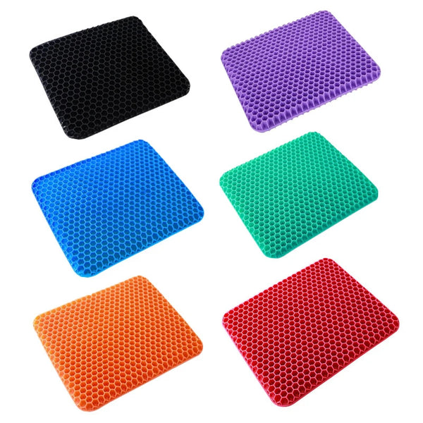 A set of four colored ergonomic cooling seat cushions in black, purple, blue, and orange.
