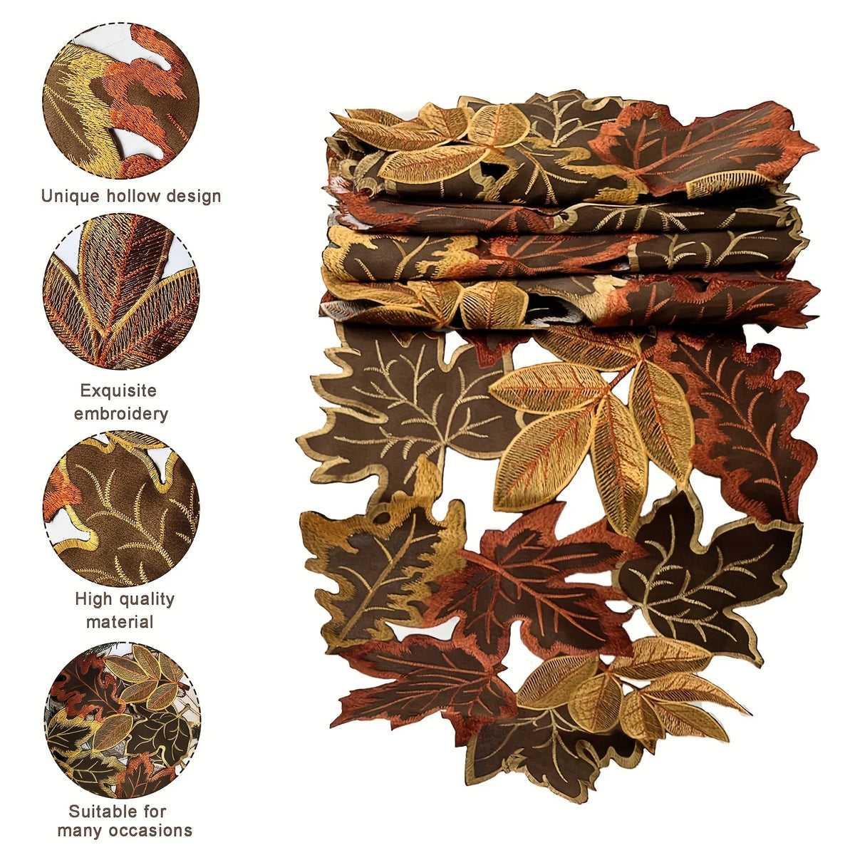 A collection of rustic maple leaf designs in various shades of brown and gold used for table runners or decorative accents.
