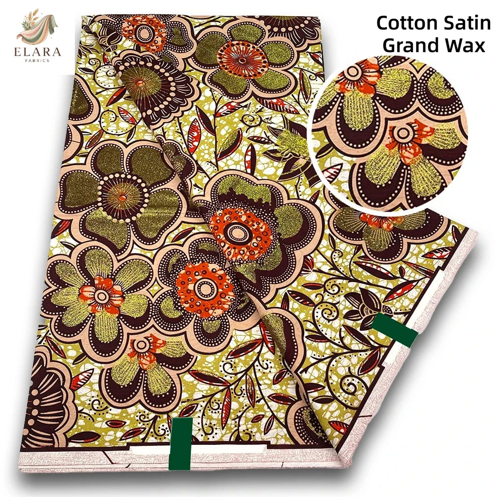 Cotton Satin Grand Wax fabric featuring intricate floral and leaf patterns in earthy tones.