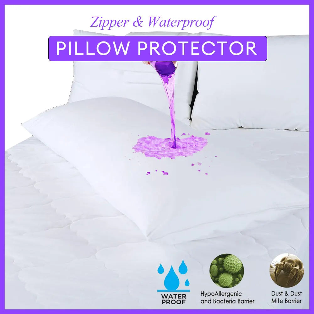 A white pillow protector with a purple liquid dripping onto the fabric, labeled as waterproof and hypoallergenic.