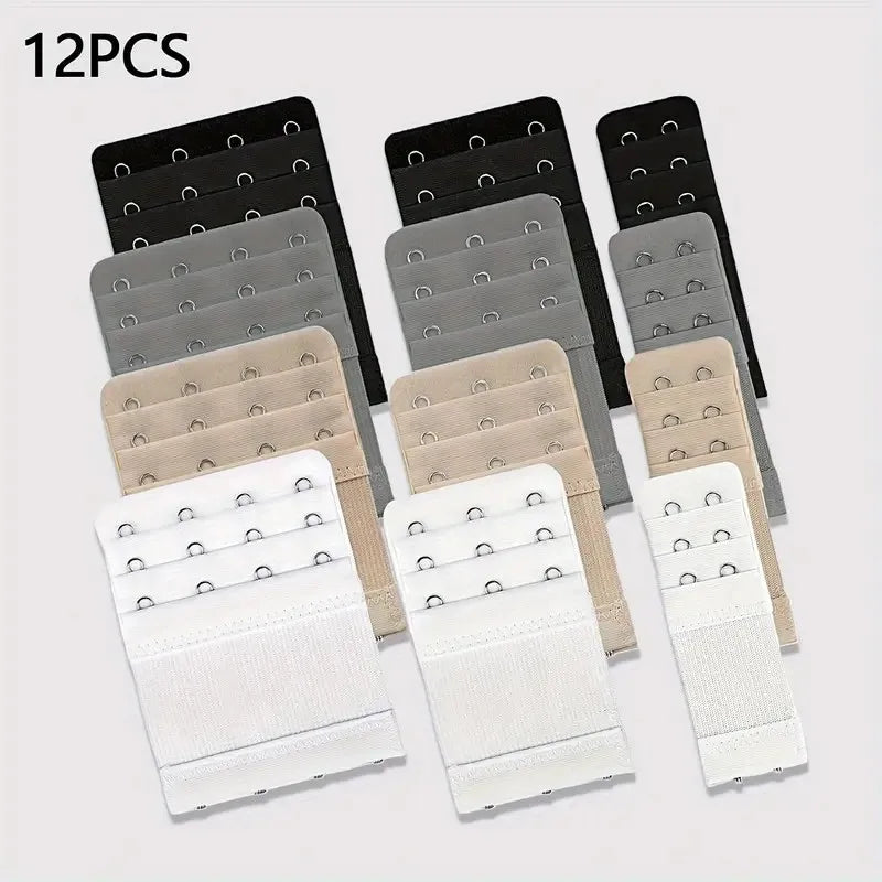 Twelve adjustable bra extenders in various shades of gray and black are shown for enhanced support.