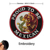 Red and black embroidery patch with the text Proud to Be Mexican surrounding a depiction of a lion or eagle.