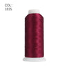 A roll of deep burgundy polyester embroidery thread with a white core.