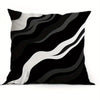 A decorative pillowcase featuring a black and white wavy geometric pattern.