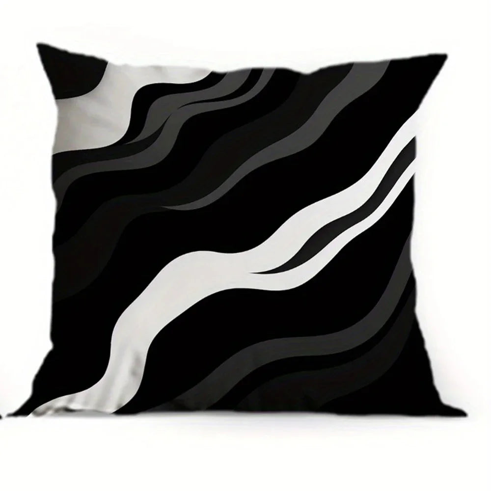 A decorative pillowcase featuring a black and white wavy geometric pattern.