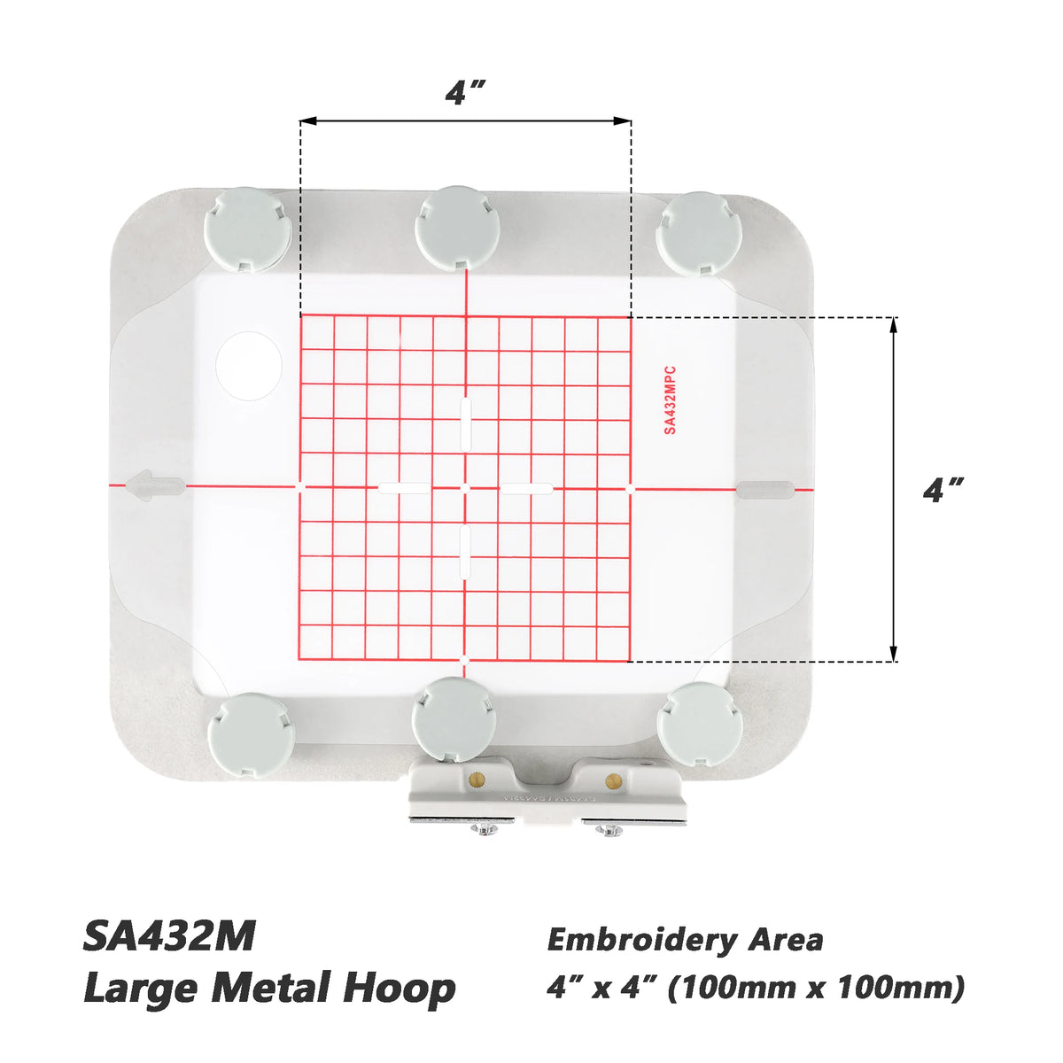 SA432M Large Metal Hoop, a 4x4 inch embroidery hoop with mounting hardware.