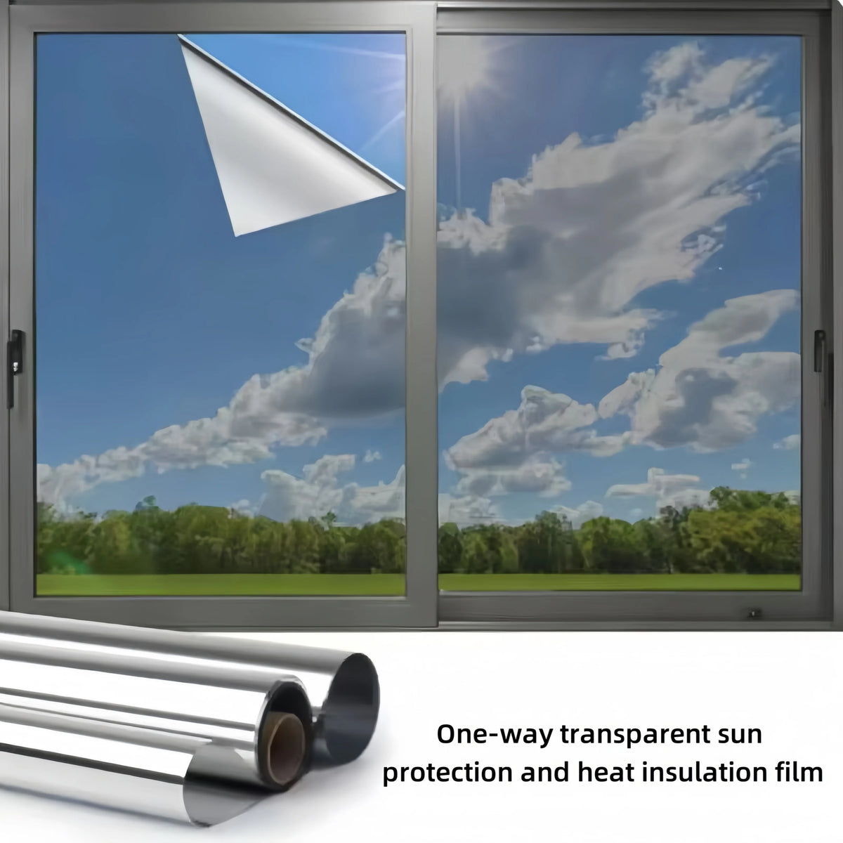 A split view of a window with one-way transparent sun protection and heat insulation film installed.