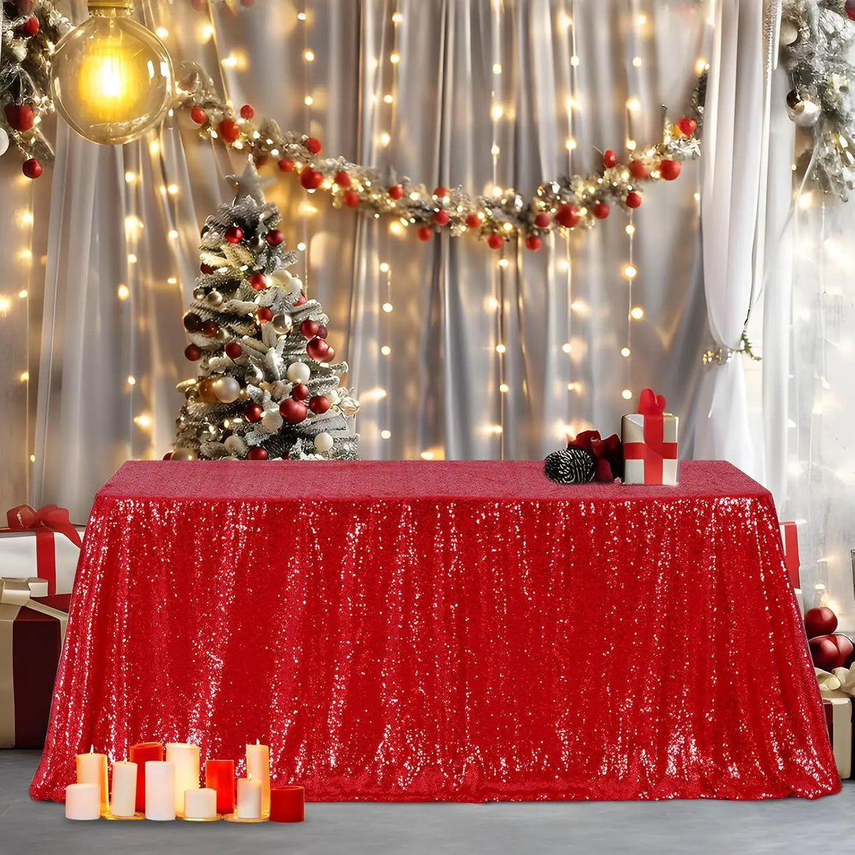 A red sequin rectangle table cover is displayed on a table, decorated with festive string lights and holiday greenery.