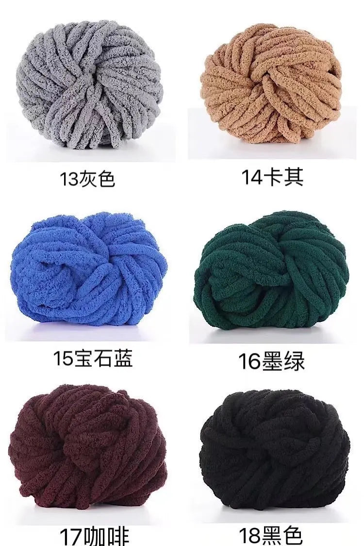 A collection of hand-woven chunky chenille yarn balls in various colors including gray, beige, blue, green, maroon, and black