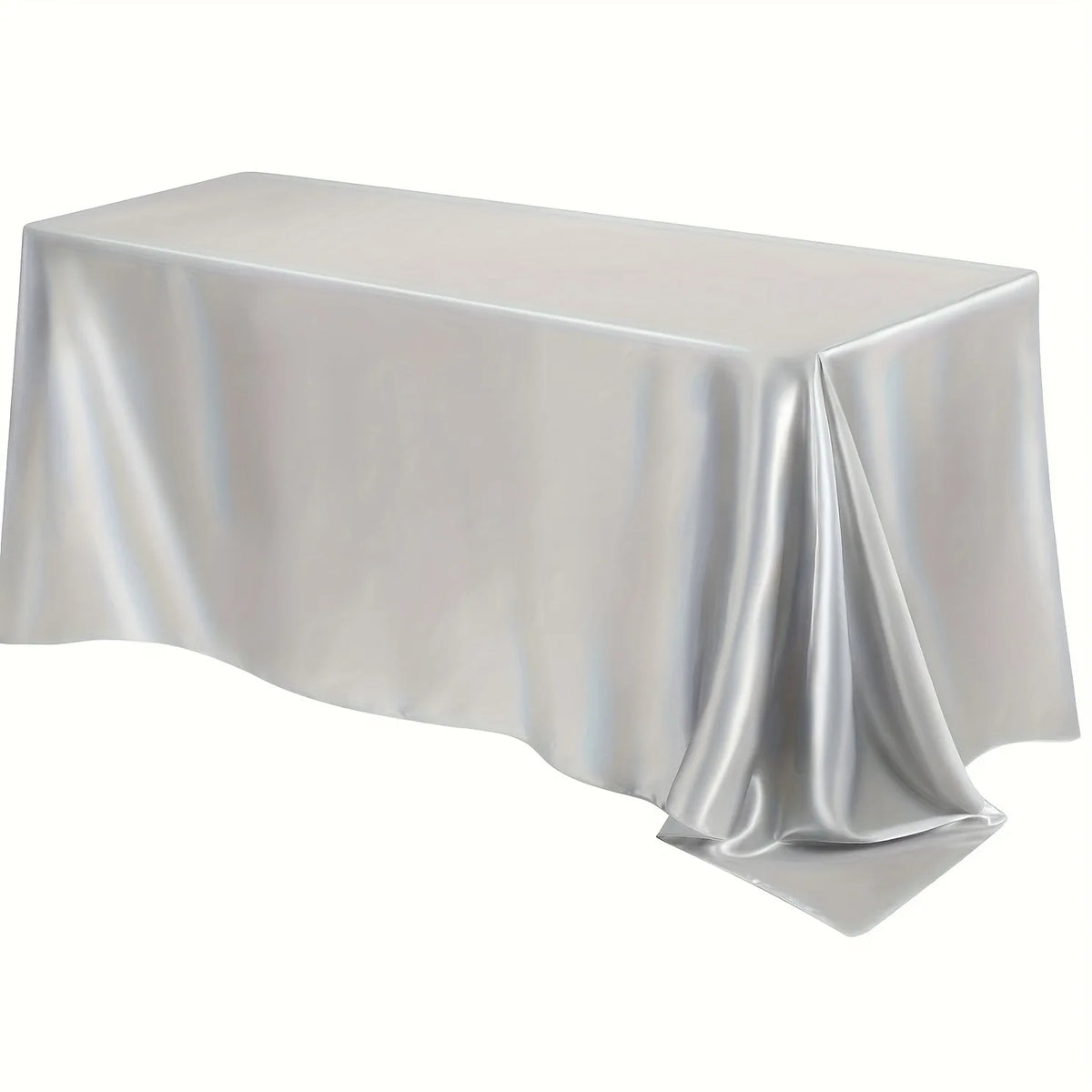 A smooth, silver satin tablecloth draped elegantly on a table.