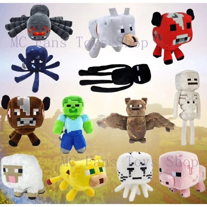 A collection of various plush toys and stuffed animals featuring characters from Minecraft and other franchises.