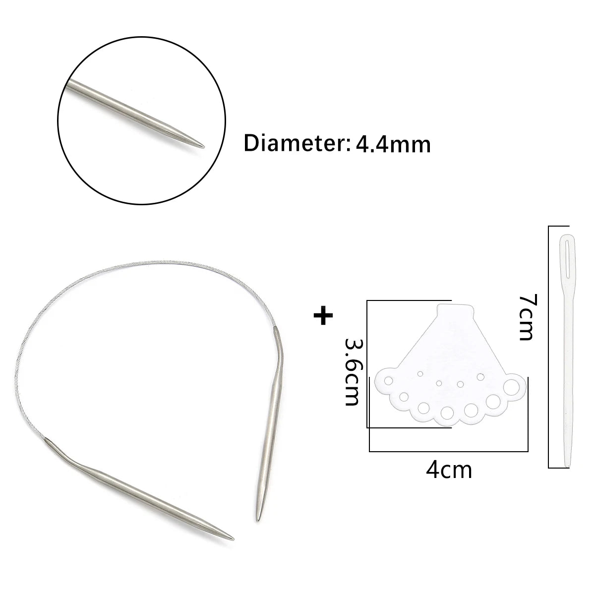 Stainless steel circular knitting needles set with a 4.4mm diameter and a 7cm length.