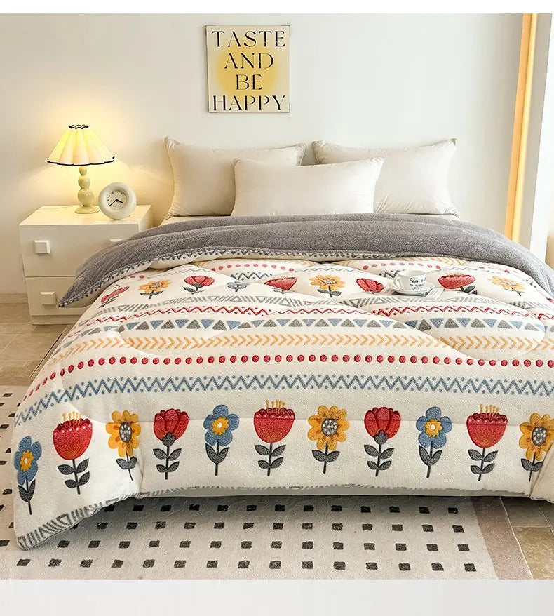 A white and gray lamb'swool winter blanket with a floral pattern displayed on a bed.